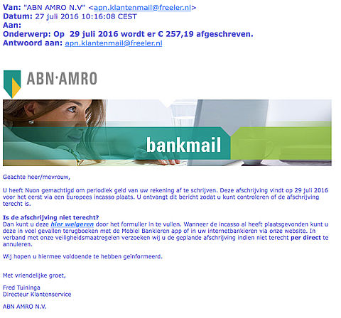 E-mail ABN AMRO over afschrijving Nuon is vals