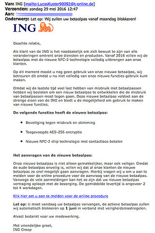 Trap niet in e-mail 'blokkeren betaalpas' uit naam van ING
