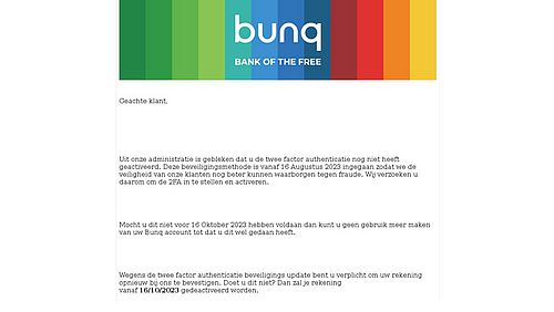 Valse mail Bunq 1/2 Bron: Fraudehelpdesk