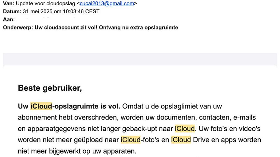 Phishingmail iCloud-opslag 1/2