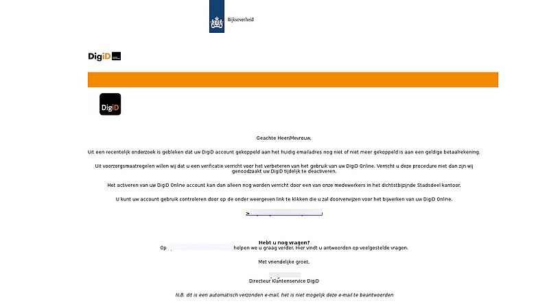 Valse mail uit naam van DigiD. Bron: Fraudehelpdesk