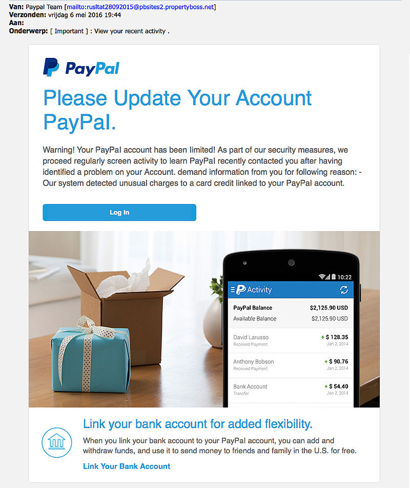 E-mail 'PayPal' bevat mogelijk malware