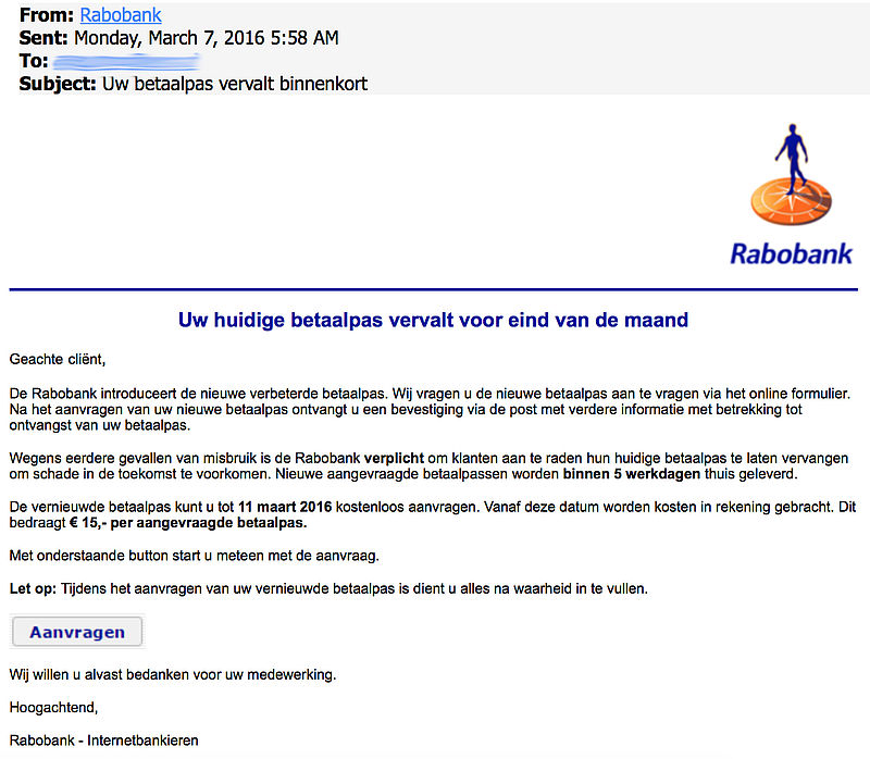 Phishingmail 'Rabobank': nieuwe betaalpas