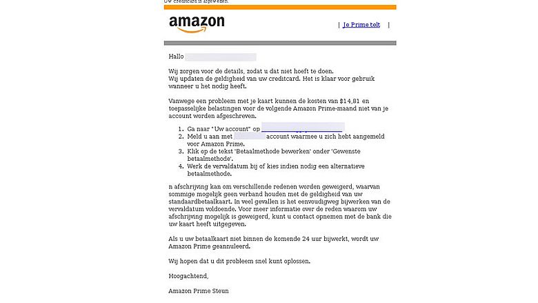 Phishingmail Amazon Prime | Bron: Fraudehelpdesk