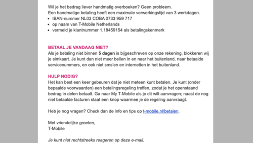 Valse mail van 'T-Mobile' met betrekking tot een betalingsherinnering