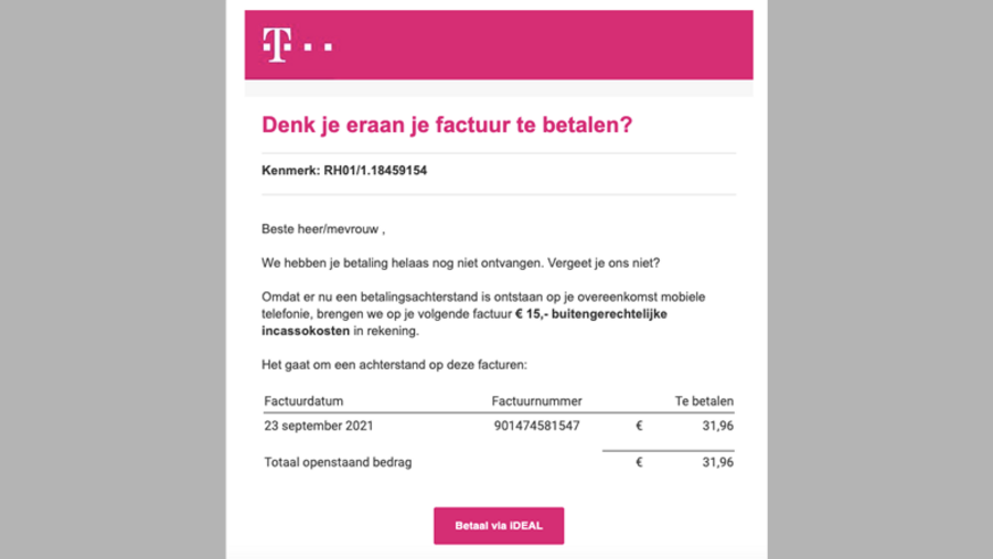 Valse mail van 'T-Mobile' met betrekking tot een betalingsherinnering