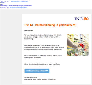 Valse e-mail: betaalrekening 'ING' geblokkeerd