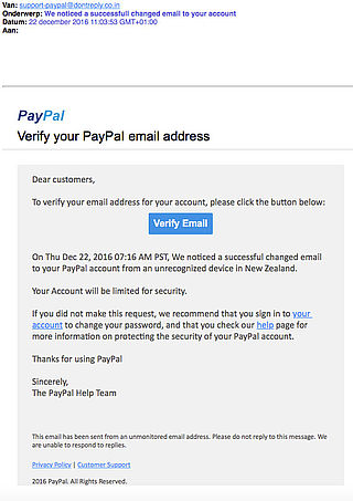 Criminelen sturen phishingmail 'PayPal'
