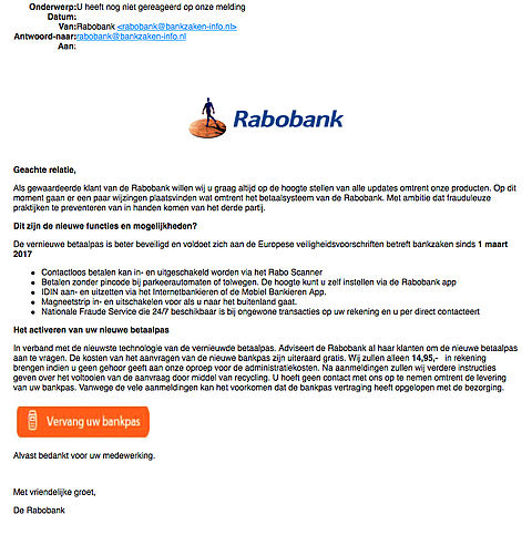 Phishingmail 'Rabobank' over wijzigingen betaalsysteem