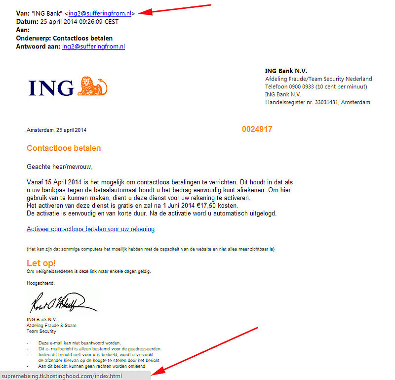 Valse mail ING: 'contactloos betalen'