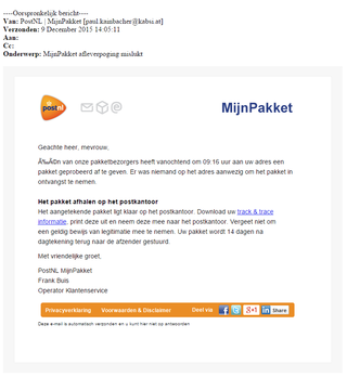 Nepmail 'PostNL' bevat malware