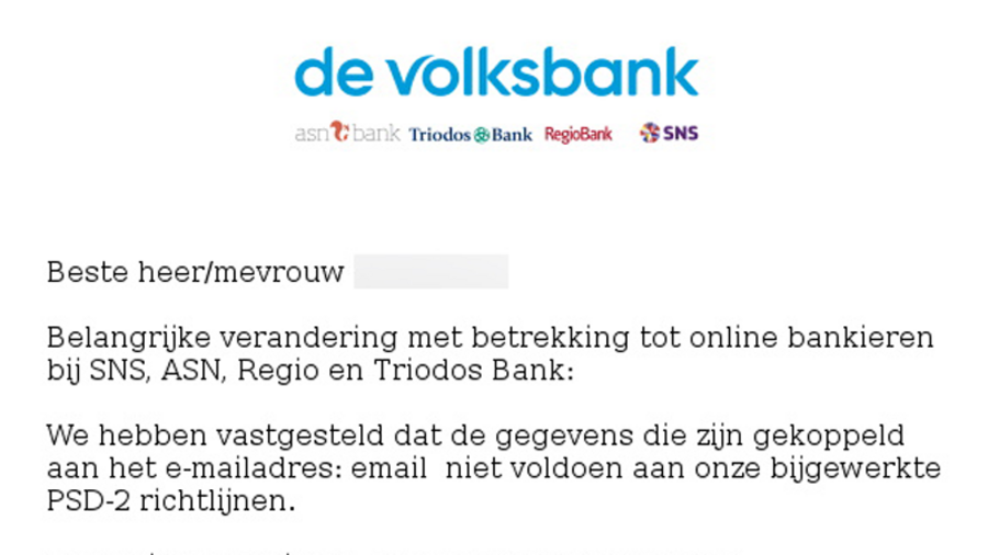 Valse mail De Volksbank | Bron: FraudeHelpdesk