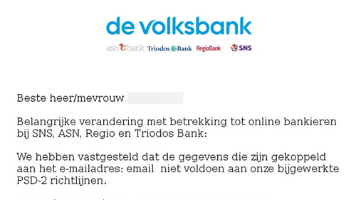Valse mail De Volksbank | Bron: FraudeHelpdesk