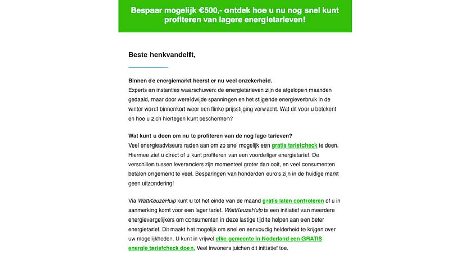 Valse mail gratis tariefcheck WattKeuzeHulp 1/2