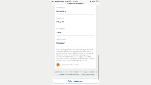 Verzonnen adresgegevens van de zogenaamde koper