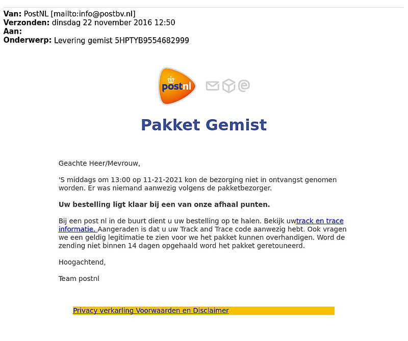 Malware in e-mail over gemiste levering 'PostNL’