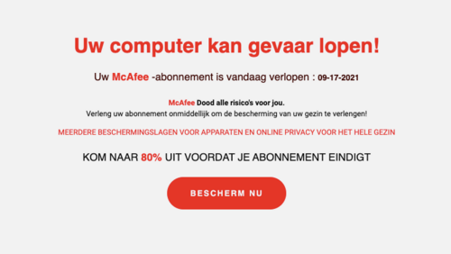 Voorbeeld van een valse mail van 'McAfee'
