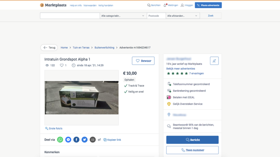 De originele, bona fide advertentie op Marktplaats.nl