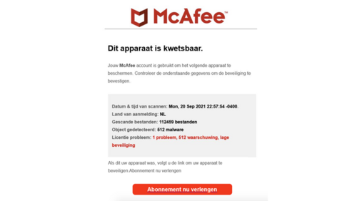 Voorbeeld van een valse mail van 'McAfee'