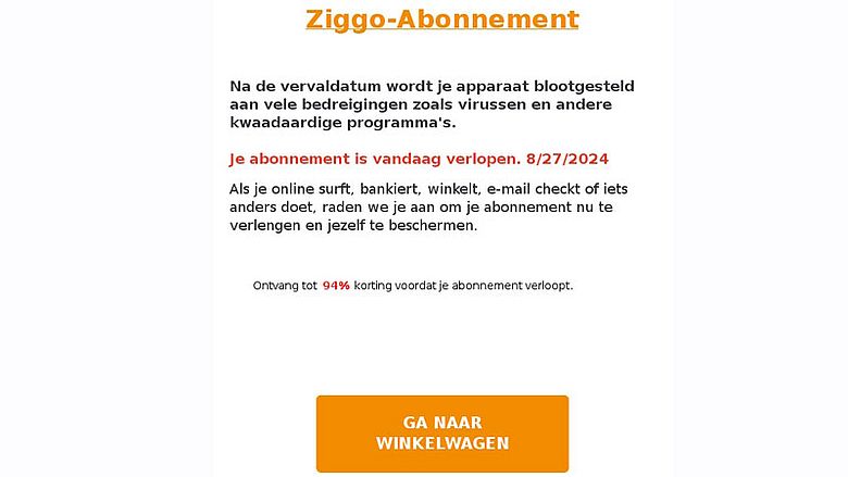 Phishingmail uit naam van Ziggo | Bron: Fraudehelpdesk