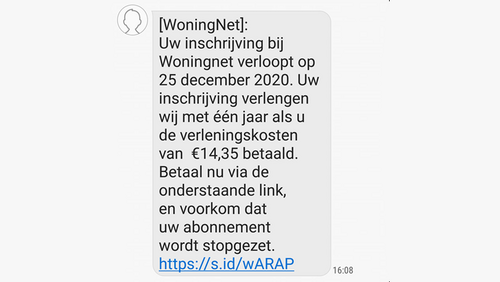 Actuele nep-sms namens 'WoningNet'