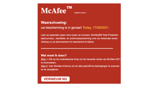 Voorbeeld van een valse mail van 'McAfee'