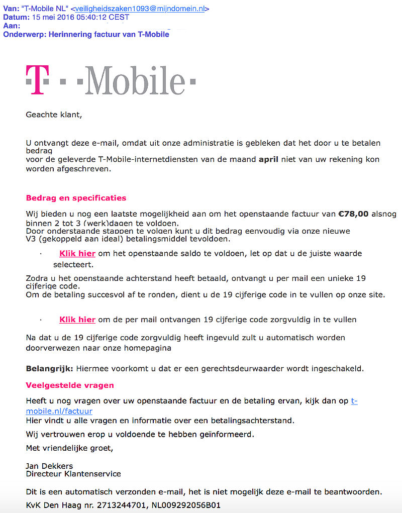 Let op: valse e-mail T-Mobile over betalen factuur