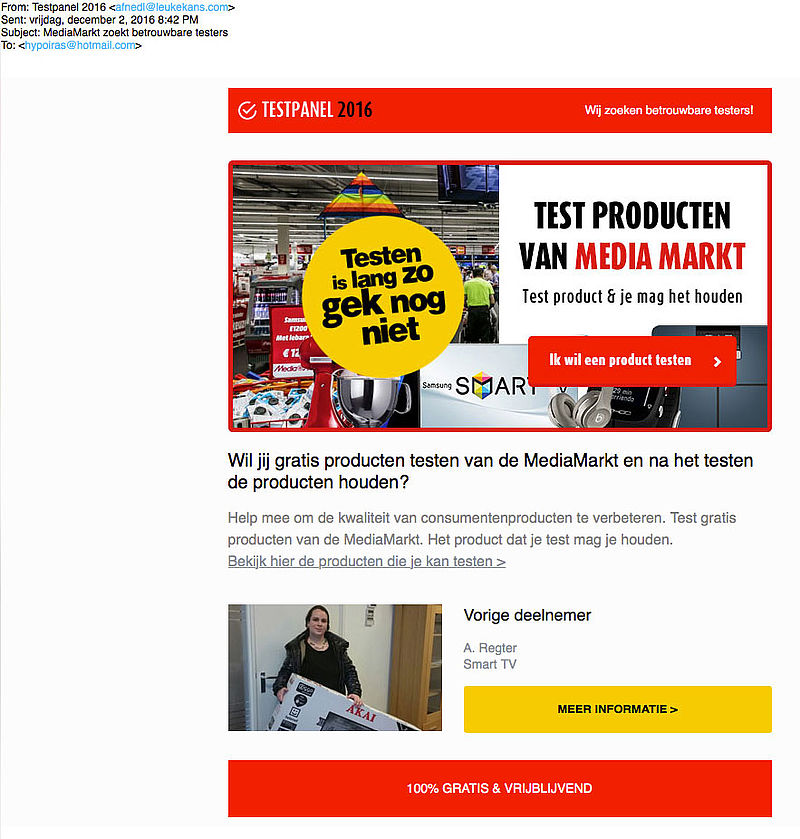 Misleidende e-mail over testen producten Media Markt