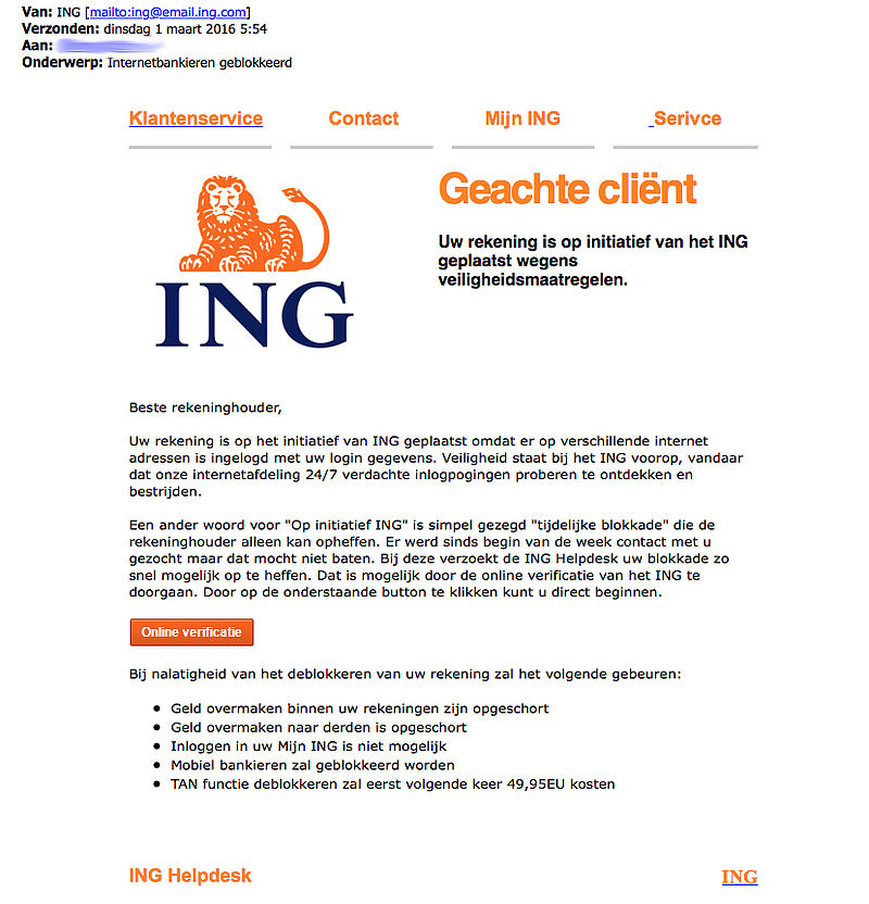Valse e-mail 'ING': internetbankieren geblokkeerd
