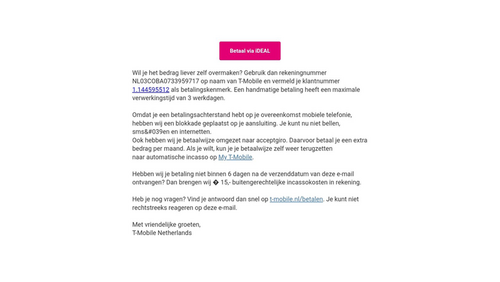 Valse mail van 'T-Mobile': 'Automatische incasso mislukt'