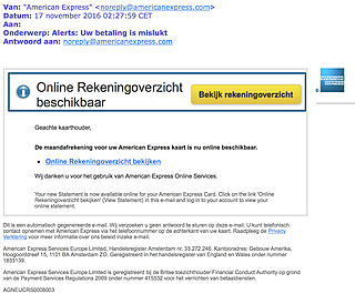 Valse e-mail 'American Express' over mislukte betaling