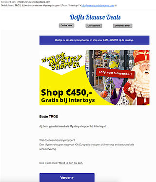 Misleidende e-mail over mysteryshoppen 'Intertoys'