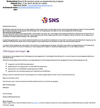 E-mail 'SNS BANK' over aanvragen nieuwe pas is vals