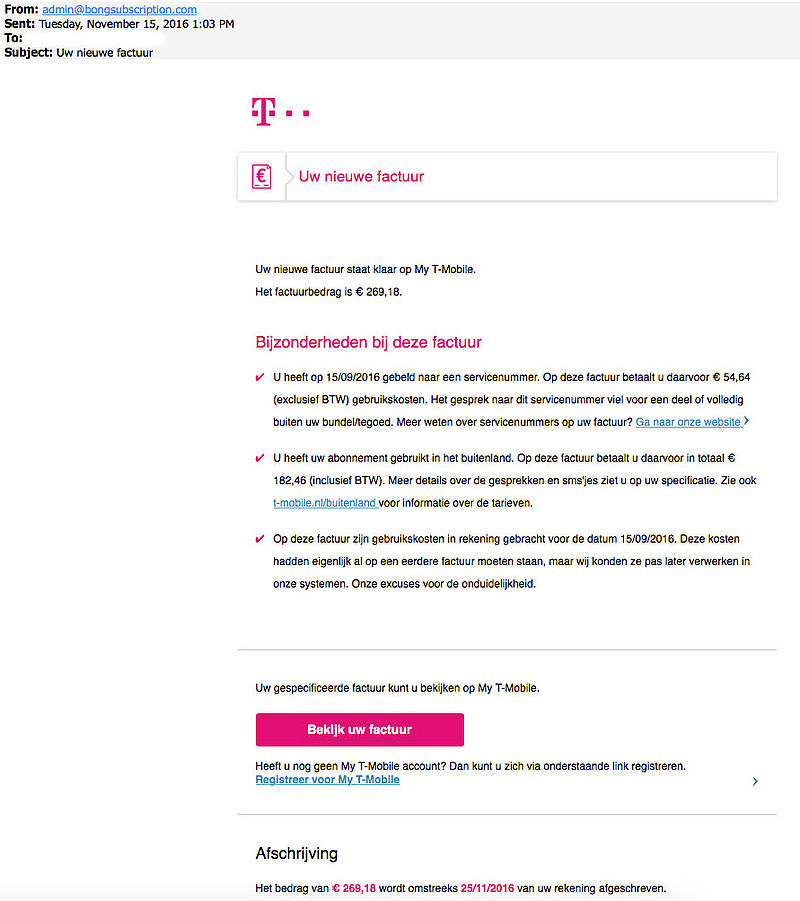 Factuur 'T-Mobile' bevat malware