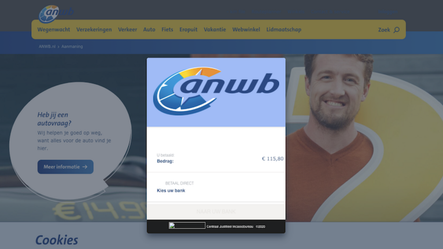 Uitsnede van de valse website van de 'ANWB'