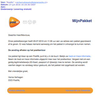 Valse e-mails PostNL: 'levering mislukt'