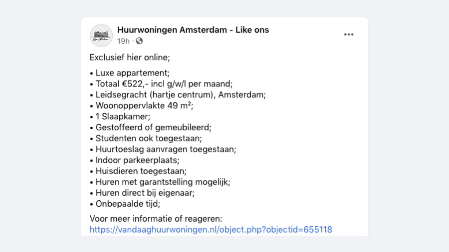 Advertentie voor een nepwoning aan de Leidsegracht