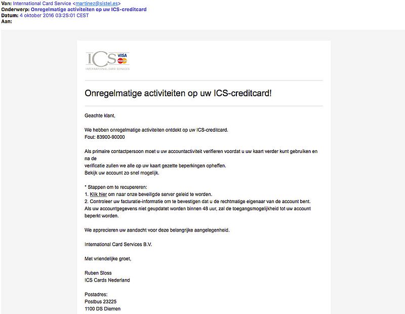 Valse E-mail 'onregelmatige Activiteiten Op ICS-creditcard' - Opgelicht ...