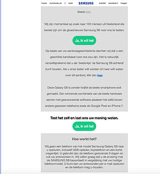 Let op: e-mail 'Samsung testen' is nep