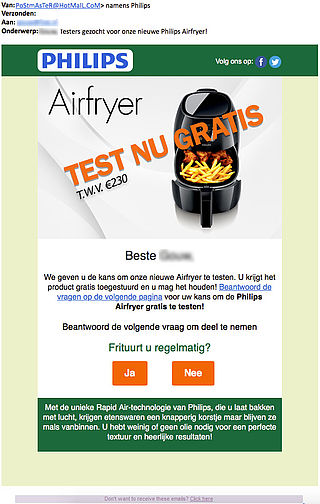 'Testers gezocht voor airfryer' is misleidende actie