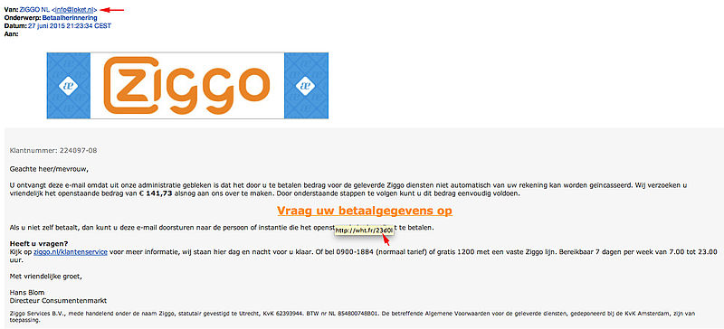 Valse mail 'Ziggo' in omloop