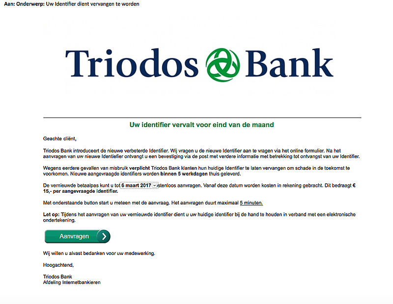 Pas op voor phishingmail uit naam van Triodos Bank