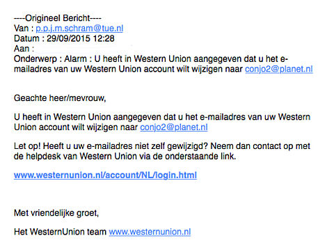 Valse mail Western Union over wijziging mailadres