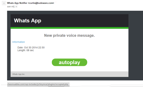 Malware e-mail WhatsApp: 'New private voice message' 