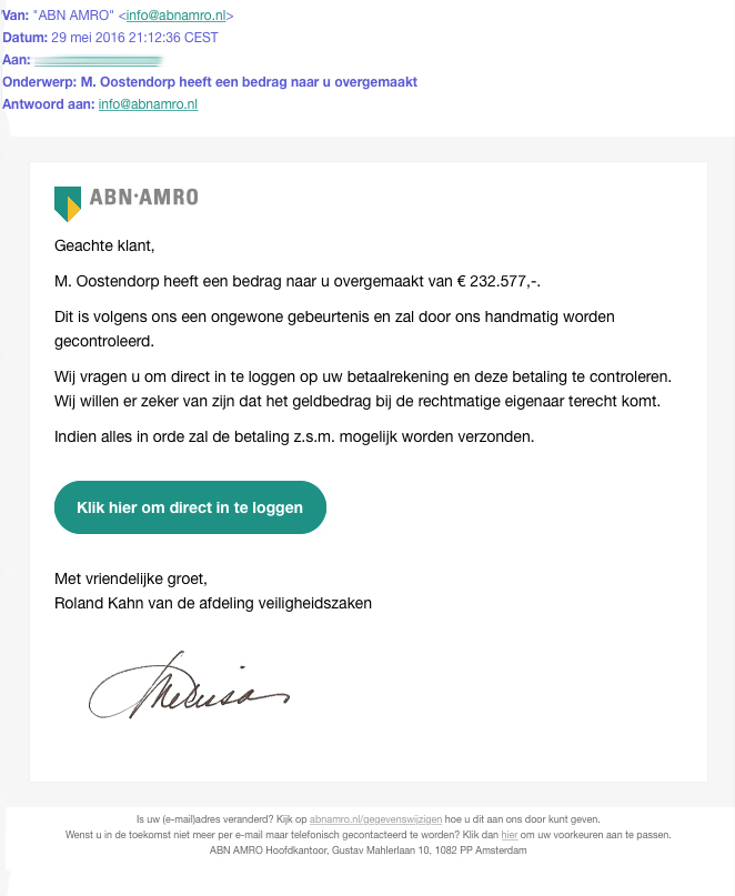 Valse e-mail 'ABN AMRO': ongewone gebeurtenis