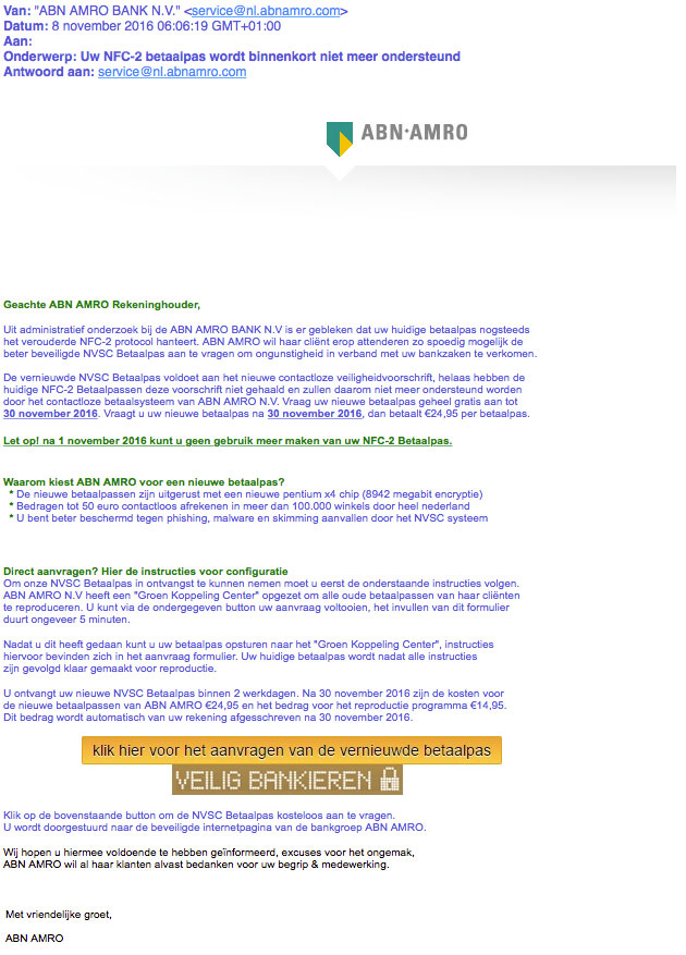 E-mail 'ABN AMRO' over betaalpas is vals