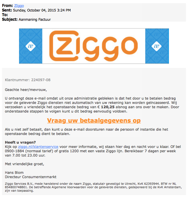 Mail Ziggo over aanmaning is nep
