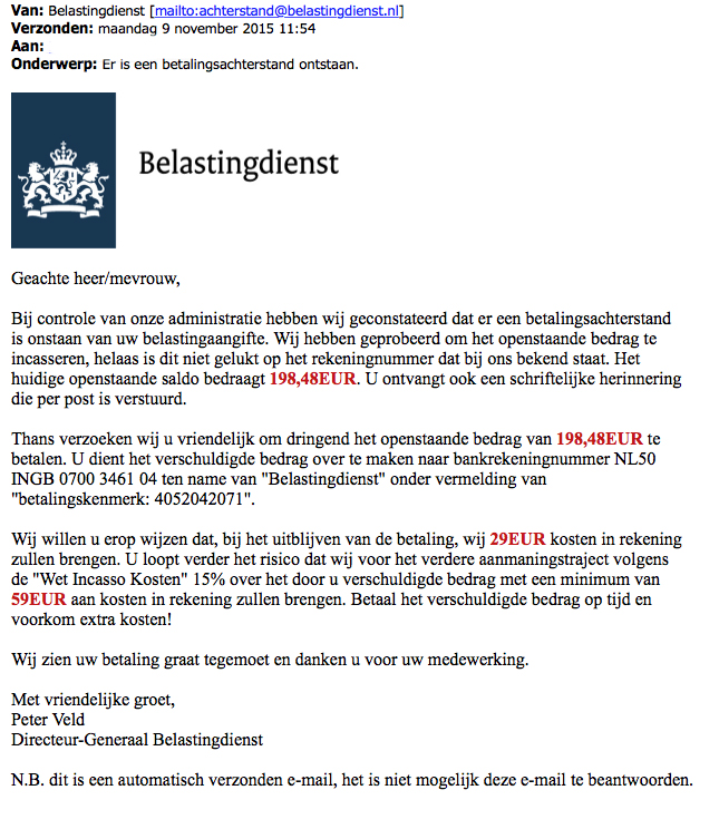 Valse mail Belastingdienst over betalingsachterstand