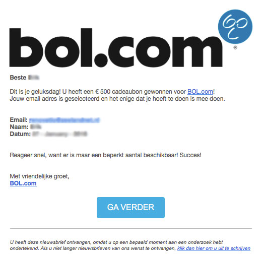 Communistisch Vrijgevig Pelagisch Valse winactie 'Bol.com': cadeaubon ter waarde van €500,- - Opgelicht?! -  AVROTROS programma over oplichting en fraude en bedrog