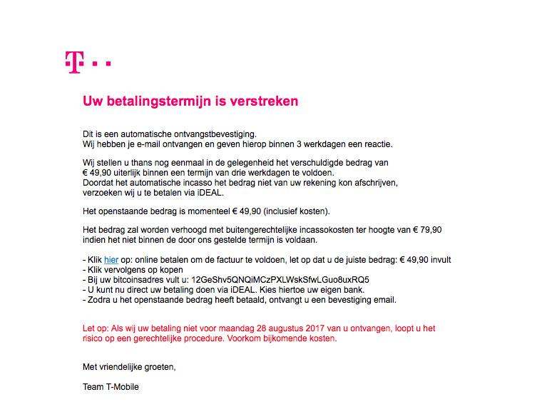 E-mail 'herinnering factuur T-Mobile' blijft in omloop 